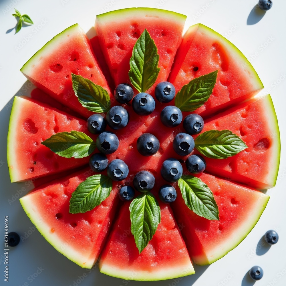 Poster circular arrangement watermelon slices arranged circular pattern white background slices cut into th