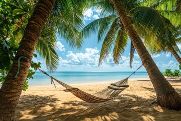 Fototapeta premium Tropical beach with hammock between palm trees