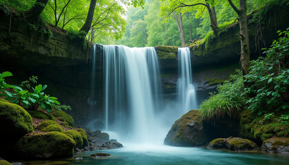Tranquil Waterfall in Lush Forest Landscape