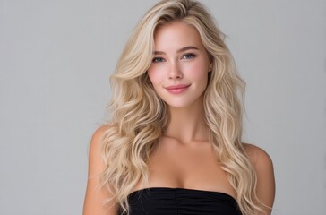 Fototapeta premium A beautiful woman with long, wavy hair in an elegant black dress poses for the camera on a gray background