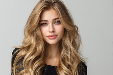 Fototapeta premium A beautiful woman with long, wavy hair in an elegant black dress poses for the camera on a gray background