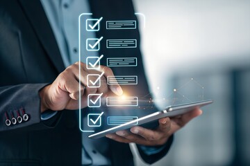 Online assessment and survey concept. A person interacts with virtual checklist on laptop, symbolizing online assessments, surveys, exams, or quizzes. digital evaluation and data collection. fill out,