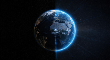 Naklejka premium Global Network: Earth From Space with Connections, World, Planet, Technology, Connectivity, Future, Digital Network, Data, International.