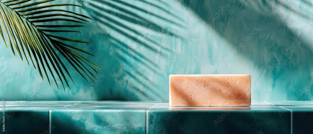 Poster bar of soap on a blue tiled surface. the soap is rectangular in shape and has a light pink color wit