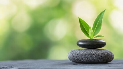 Obraz premium Zen garden scene with two smooth gray stones and vibrant green leaves atop, set against a blurred green background, conveying serenity and balance. : Generative AI