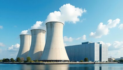 Industrial cooling towers, large scale, multiple units, against blue sky , construction, plant