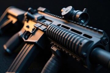 Close-up of a modern military assault rifle, showcasing intricate details and textures , steel, combat