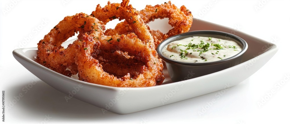 Poster white rectangular plate with a serving of deep-fried onion rings. the onion rings are golden brown a