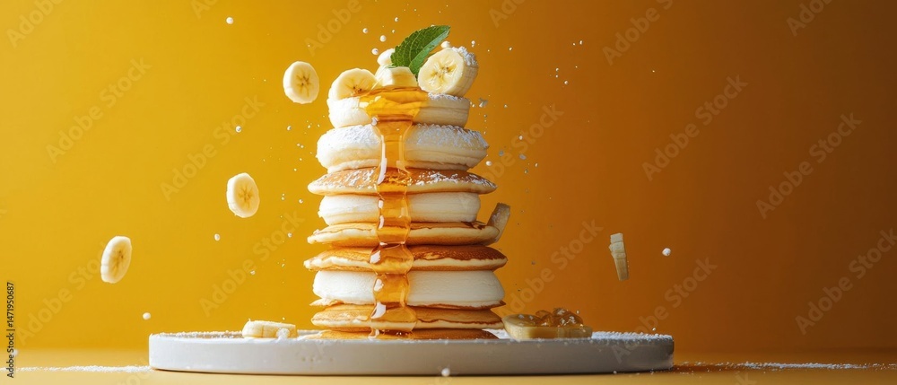 Poster stack of pancakes on a white plate. the pancakes are arranged in a pyramid-like shape and are topped