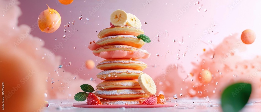 Poster stack of pancakes on a pink plate. the pancakes are arranged in a pyramid-like shape and are topped 