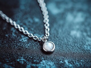 A silver chain necklace with a round, white gemstone pendant lies on a textured blue surface.
