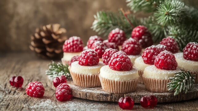 Festive miniature cupcakes decorated with raspberries and icing sugar.