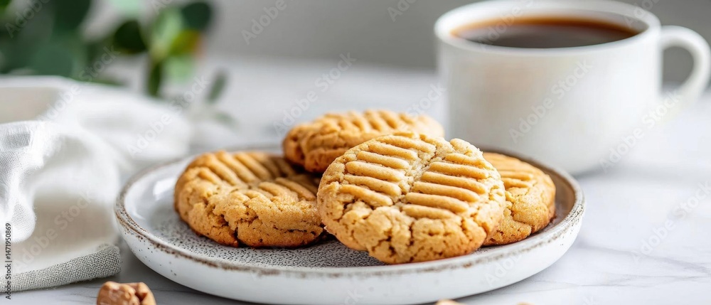 Poster plate of freshly baked peanut butter cookies on a white marble table. the cookies are golden brown a