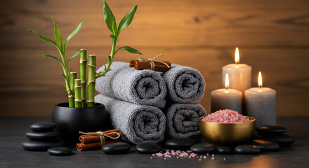 Spa Serenity: Bamboo, Towels, Candles & Stones - Relaxation, Wellness & Calm. Luxurious Spa Day Aesthetic for Self-Care and Mindfulness.