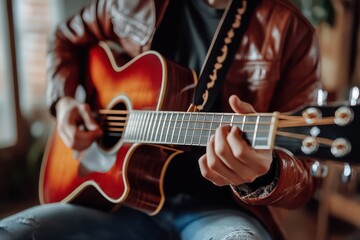 Obraz premium Music teacher giving online guitar lesson from home