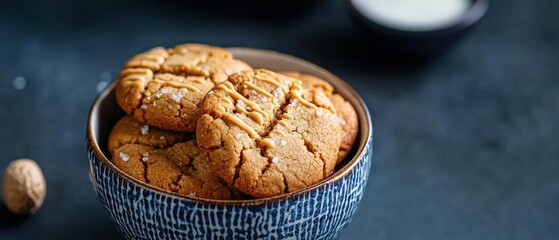 Blue and white patterned bowl filled with freshly baked cookies. the cookies are golden brown and have a crumbly texture.