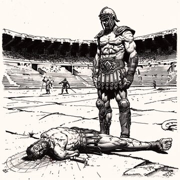 A victorious gladiator stands over a defeated opponent in a traditional arena, sword and shield at the ready, amidst empty seats awaiting the next bout.