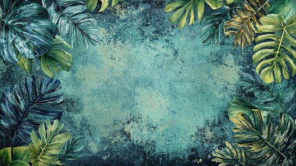 Textured aquamarine backdrop with tropical leaves creates a serene ambiance
