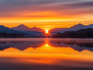 Majestic Sunrise over Mountain Lake  Peaceful Nature Scene