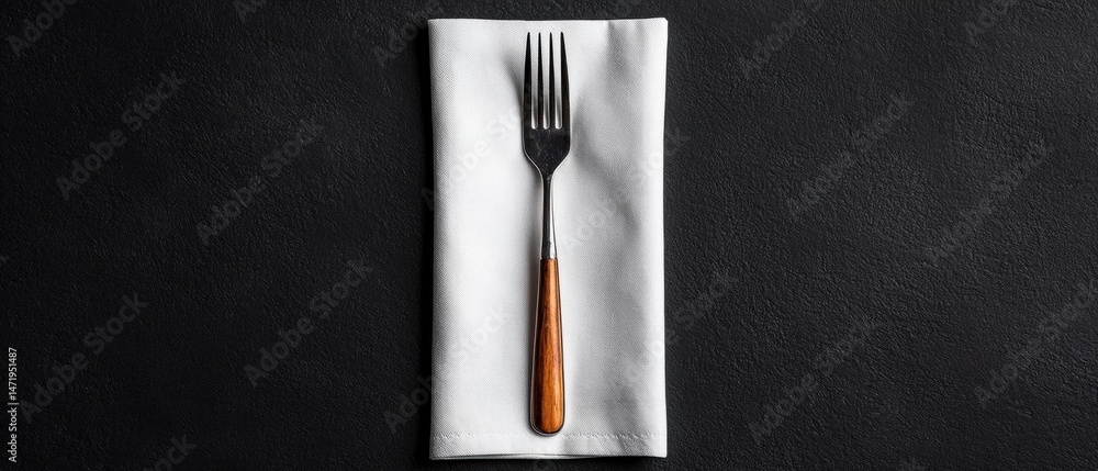 Poster fork resting on a white napkin. the fork has a wooden handle and a silver forkhead. the napkin is fo