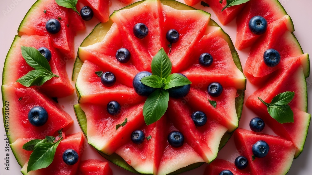 Poster flat lay sliced watermelon arranged circular pattern pink background watermelon slices cut into thin