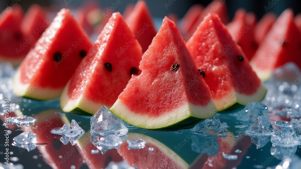 Poster group slices watermelon arranged row bed ice cubes watermelon slices bright red color appear freshly
