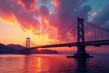 Fototapeta premium Majestic bridge tower against a vibrant sunset sky , strong, yellow