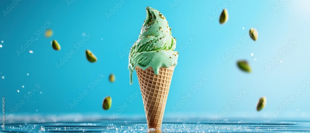 Poster ice cream cone with a scoop of green ice cream on top. the ice cream is in a waffle cone and is plac