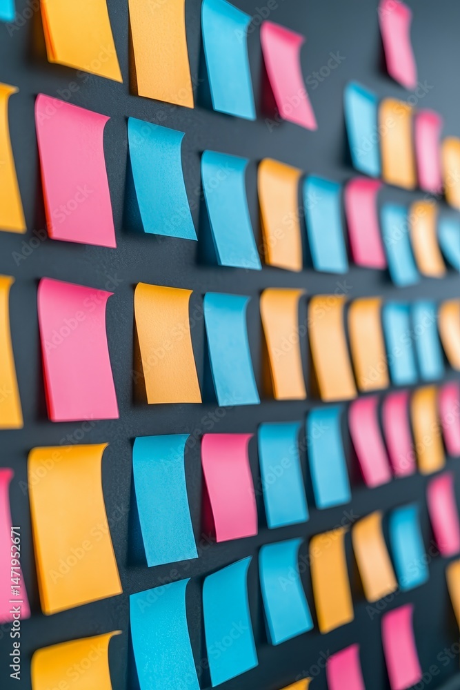 Poster teamwork driven by motivation and coordination. colorful sticky notes arranged on a black board for 