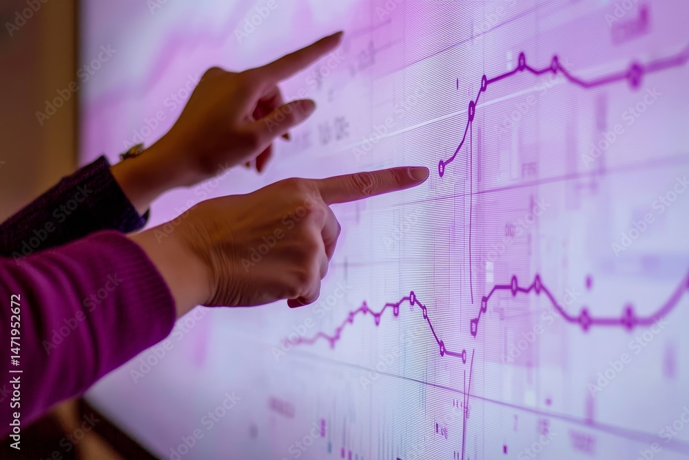 Poster teamwork, cooperation, and smooth workflow. hands pointing at a digital graph on a screen.