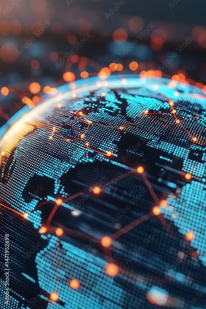 Poster e-commerce logistics powered by data analytics. digital globe with network connections and glowing l