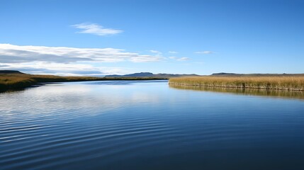 Obraz premium Serene River Landscape with Calm Water and Blue Sky