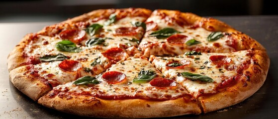 The image is of a pepperoni pizza on a black plate. the pizza is round and has a golden brown crust. it is topped with melted cheese, pepperoni, and fresh basil leaves.