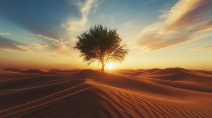 Solitary desert tree sunset; hope, resilience