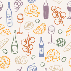 Hand drawn wine party seamless pattern