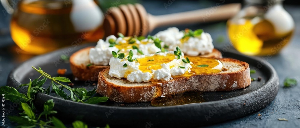 Poster black plate with two slices of bread on it. on top of the bread, there is a generous amount of ricot