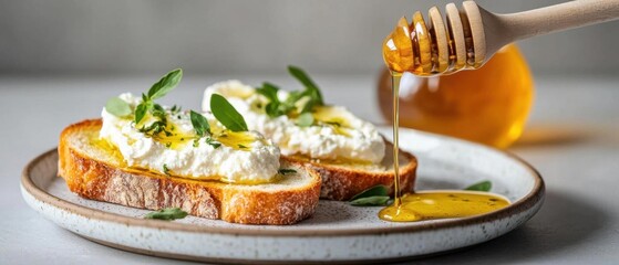 Plate with two pieces of toast on it. the toast is golden brown and appears to be freshly baked. on top of the toast, there is a generous dollop of ricotta cheese with a sprig of fresh basil on top.