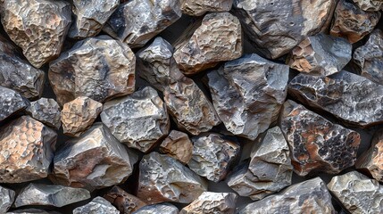 A collection of gray, brown, and black rocks with visible textures and patterns is arranged in a natural, scattered manner.