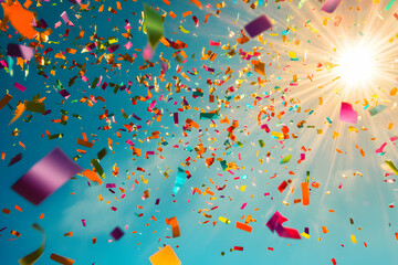 Colorful Confetti Falling Against a Bright Blue Sky and Sunlight
