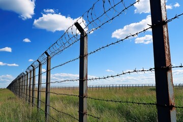 Barbed wire fence under blue sky with overgrown grass