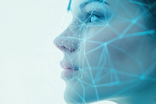 Biometric face scan of woman using facial recognition technology