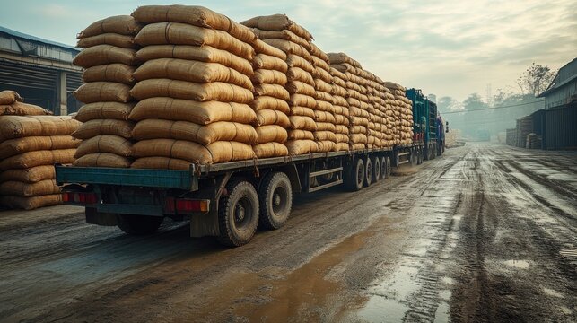 Truck Transporting Stacked Burlap Sacks on Muddy Road