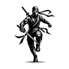 Fototapeta premium Ninja holding sword sketch engraving black and white outline. Scratch board imitation. illustrated in vintage line art style on a white background.