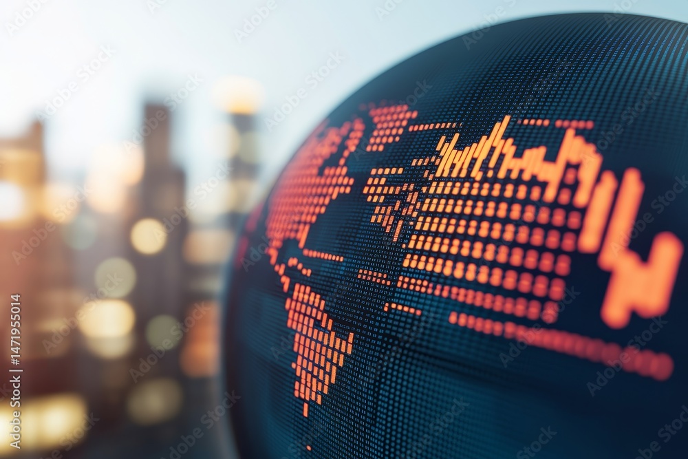 Poster digital globe with data visualization against a blurred city backdrop.
