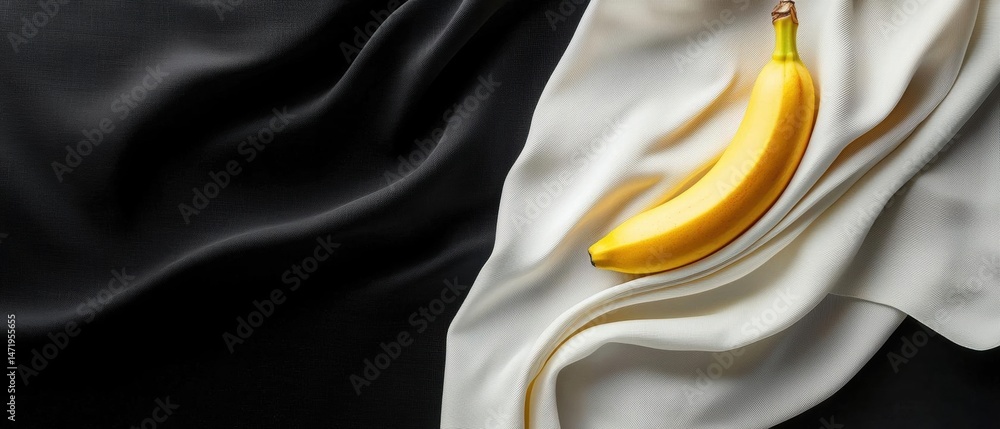 Poster close-up of a single banana lying on a white cloth. the banana is yellow in color and appears to be 