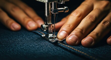 Sewing machine and hands working on denim fabric