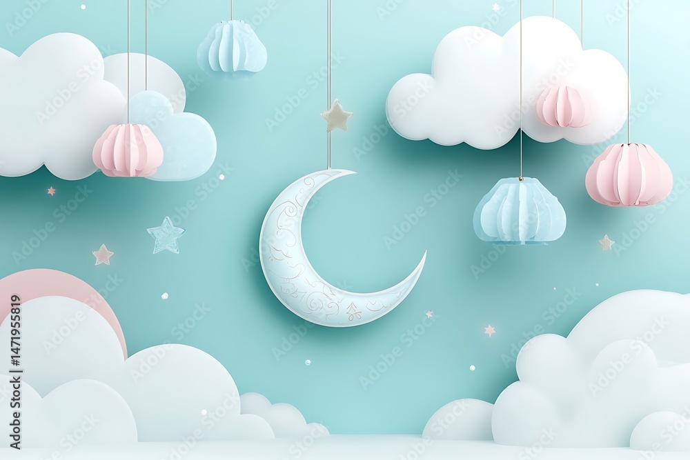 Aufkleber soft pastel eid background with floating crescent moon and abstract clouds