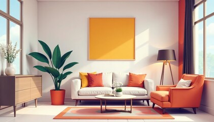 Stylish interior design vector illustration featuring modern furniture and abstract shapes , minimalist, office