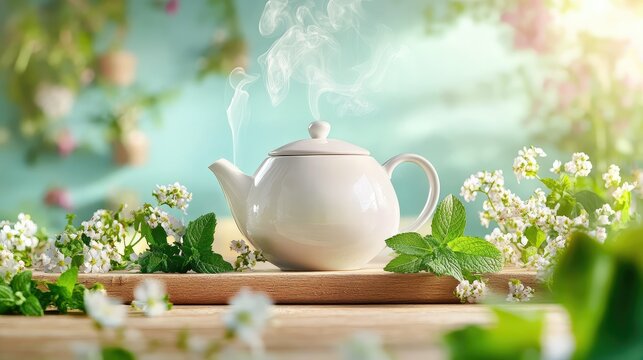 Close-up of modern ceramic teapot with hot tea steam swirling and mint sprigs arranged on aged wood