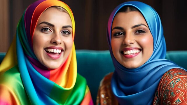 Two beautiful muslim young women in hijabs sitting on sofa and laughing. Couple friends, wives, enjoying romantic. LGBT relationships, same-sex love, family, same-sex marriages.
